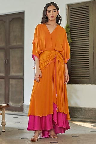 Orange & Pink Georgette Flared Dress by BETRUE