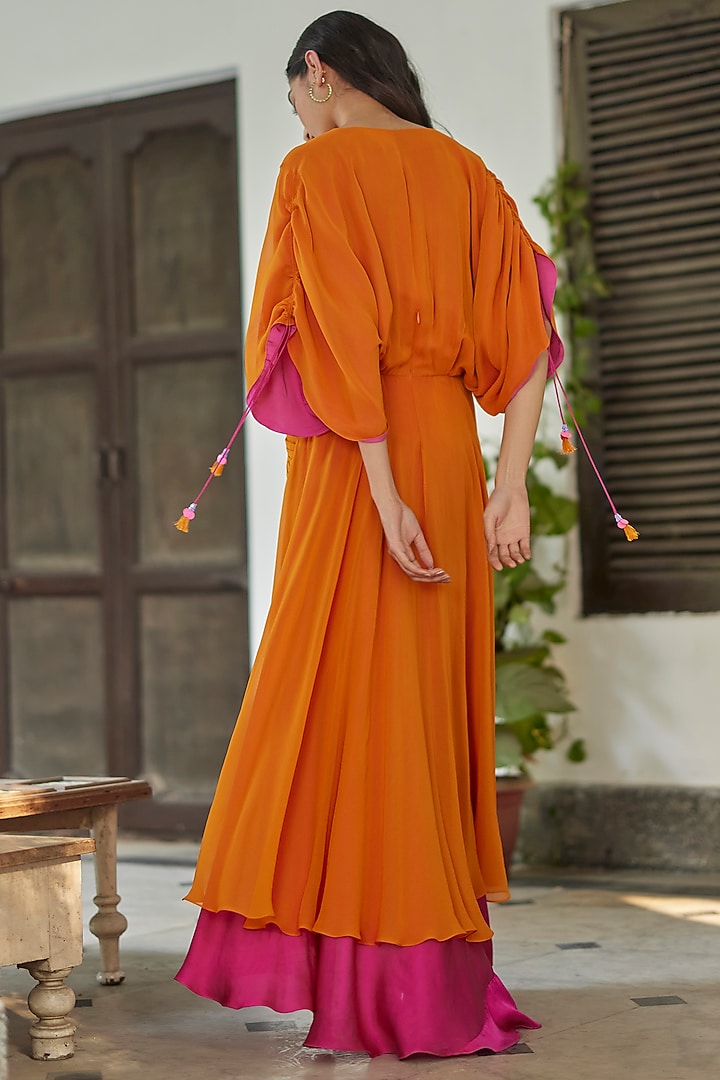 Orange & Pink Georgette Flared Vacation Dress by BETRUE at Pernia's Pop Up Shop