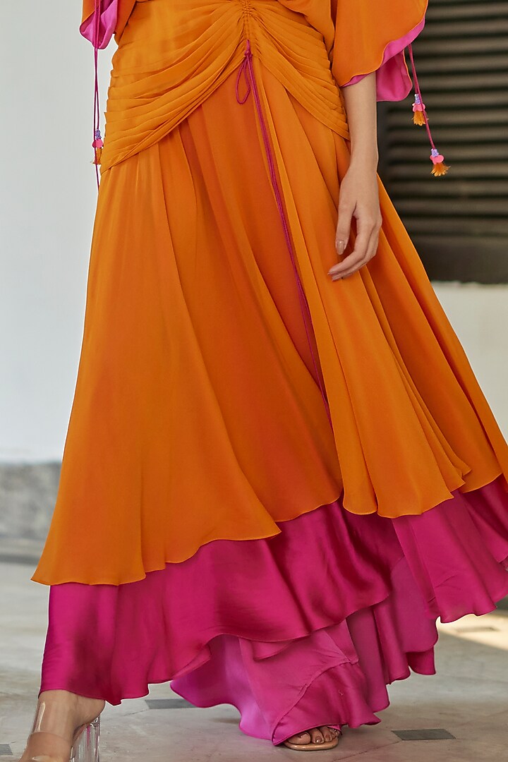 Orange & Pink Georgette Flared Vacation Dress by BETRUE at Pernia's Pop Up Shop