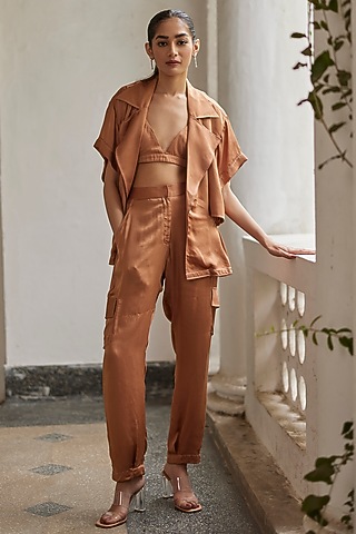 Macchiato Brown Modal Silk Jacket Set by BETRUE