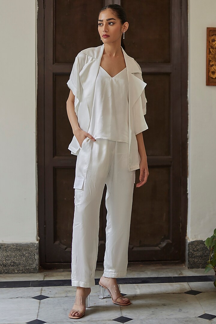 White Modal Silk Jacket Set by BETRUE