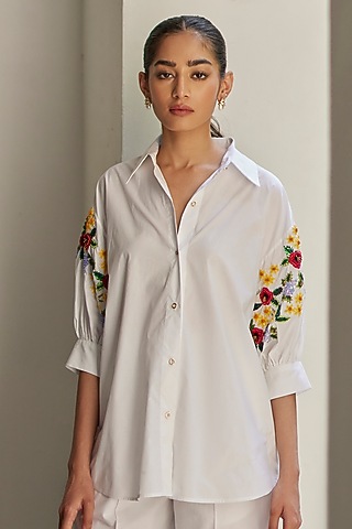 White Cotton Poplin Hand Embroidered Shirt by BETRUE