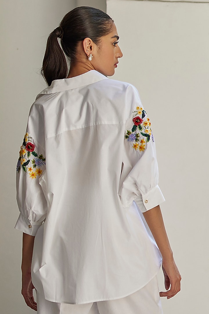 White Cotton Poplin Hand Embroidered Shirt by BETRUE at Pernia's Pop Up Shop