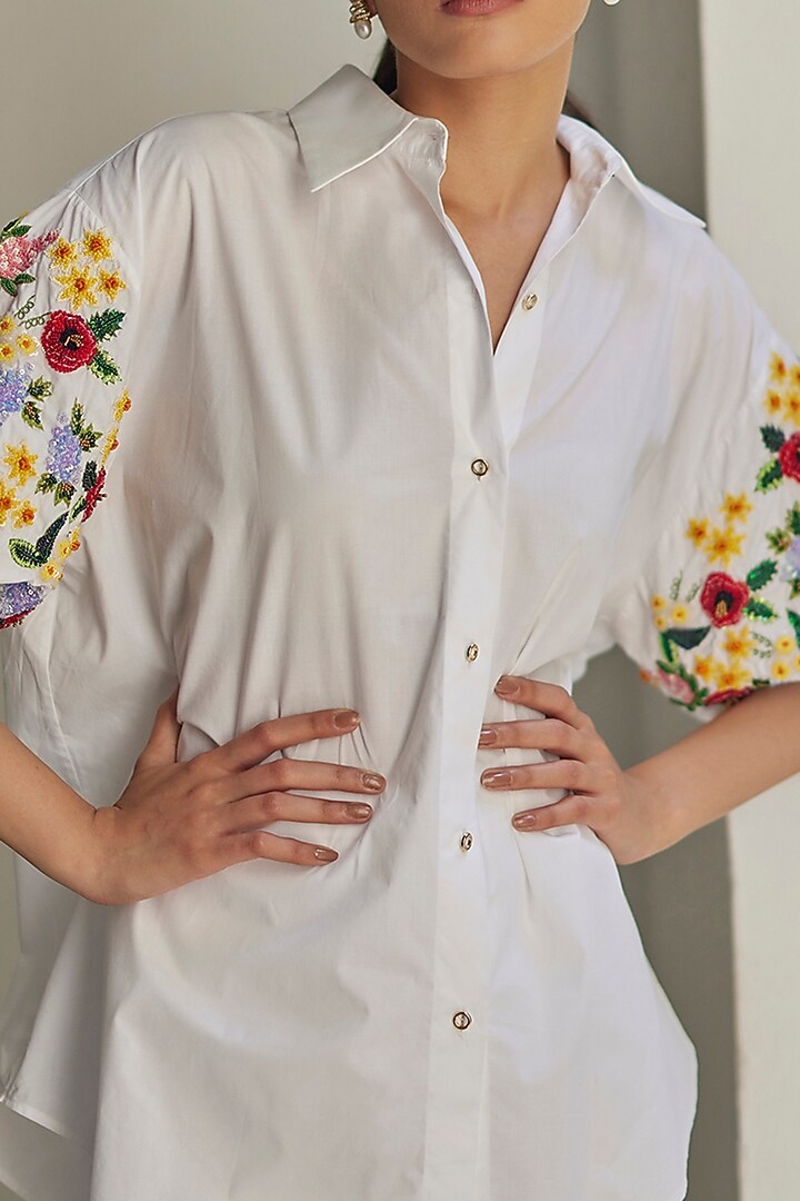 White Cotton Poplin Hand Embroidered Shirt by BETRUE at Pernia's Pop Up Shop
