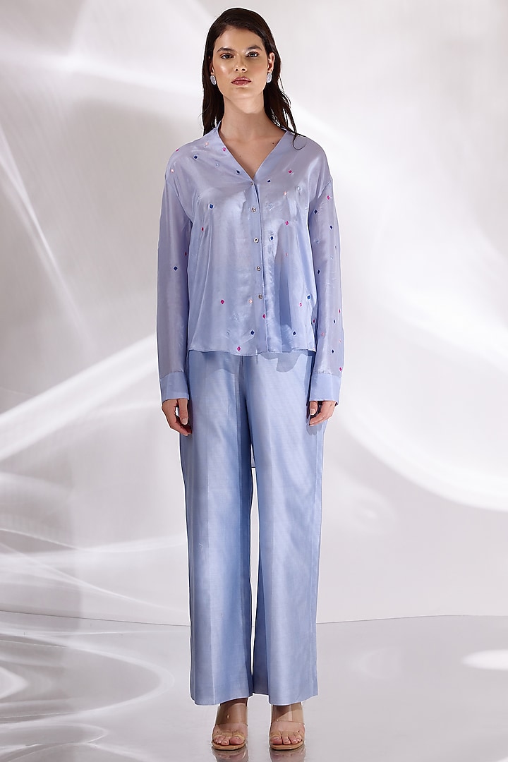 Blue Habutai Silk Embroidered Shirt by BETRUE