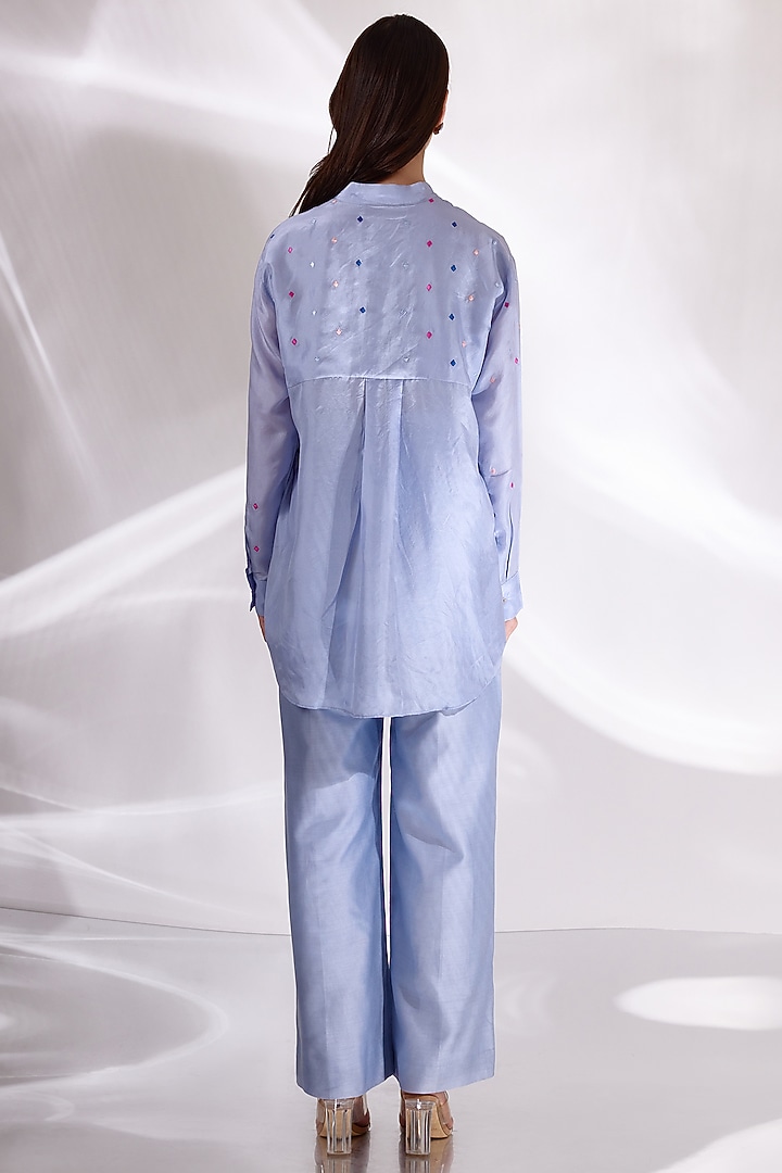 Blue Habutai Silk Embroidered Shirt by BETRUE at Pernia's Pop Up Shop