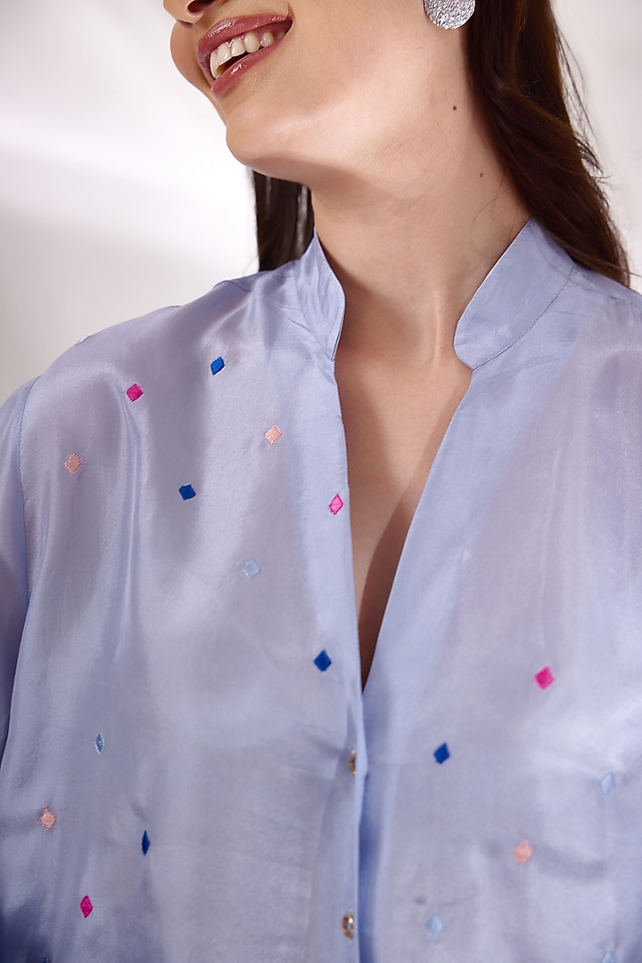 Blue Habutai Silk Embroidered Shirt by BETRUE at Pernia's Pop Up Shop