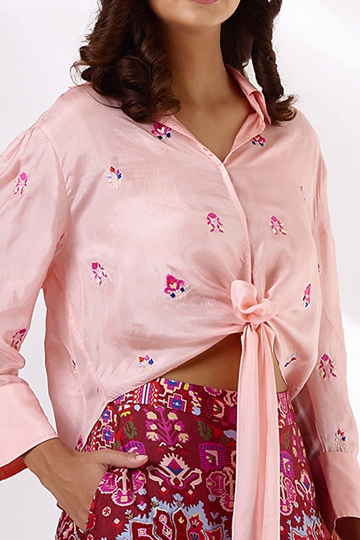 Peach Habutai Silk Embroidered Shirt by BETRUE at Pernia's Pop Up Shop