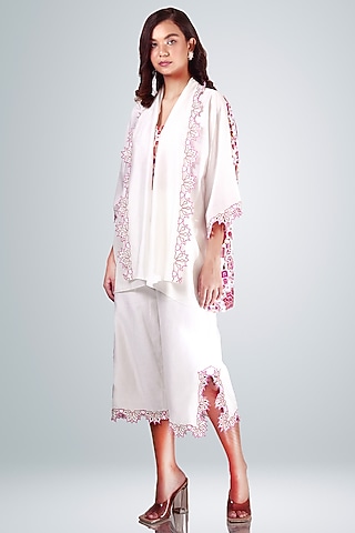 White Silk Chanderi Printed Cape Set by BETRUE