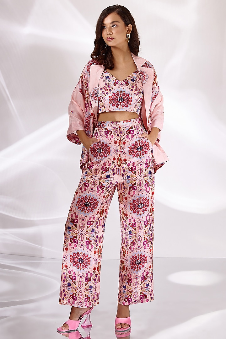 Pink Satin Silk & Habutai Silk Printed Jacket Set by BETRUE