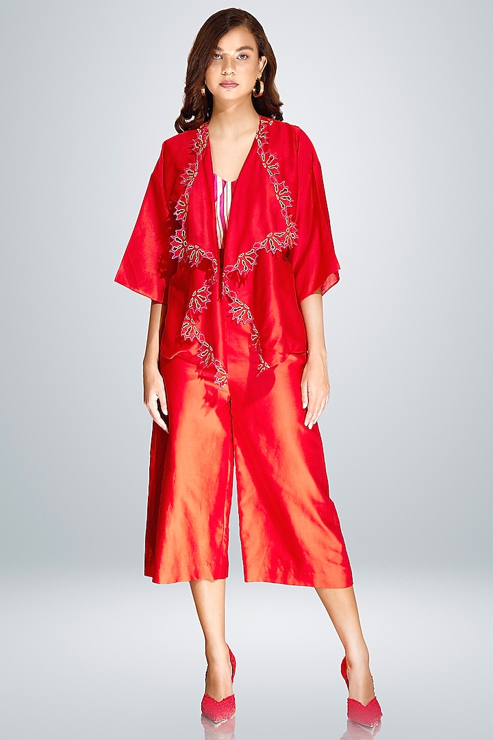 Red Silk Chanderi Embroidered Jacket Set by BETRUE