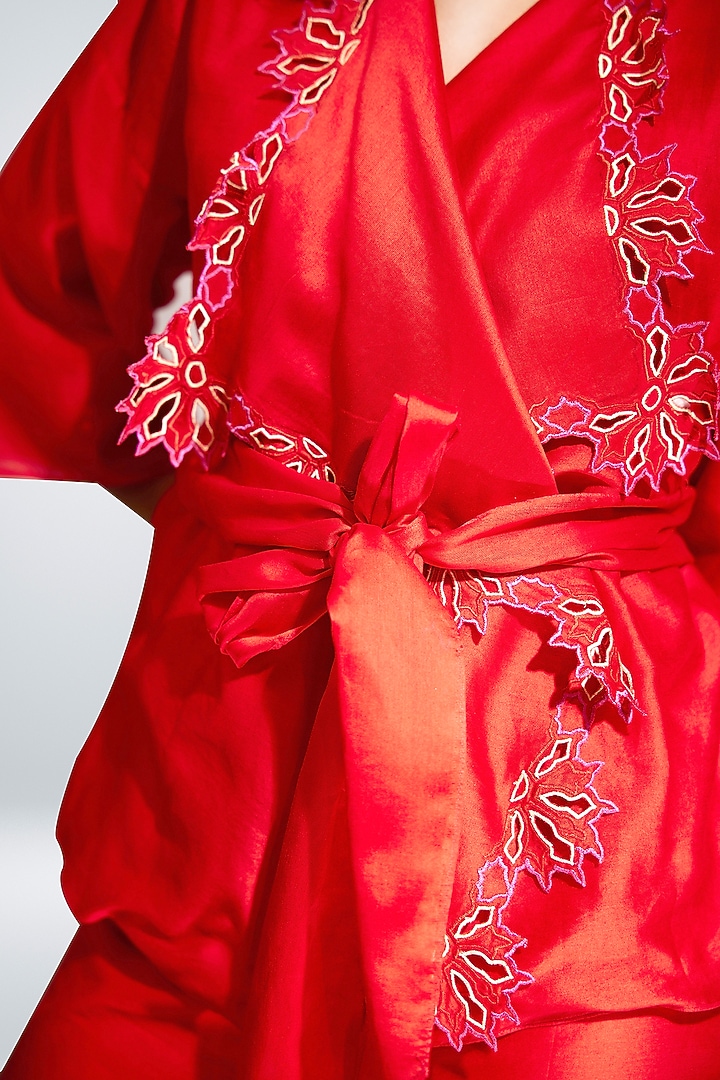 Red Silk Chanderi Embroidered Jacket Set by BETRUE at Pernia's Pop Up Shop