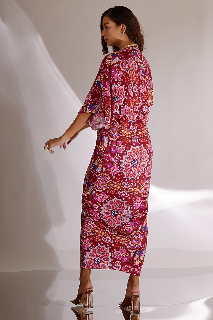 Red Handloom Cotton Silk Printed Draped Summer Dress by BETRUE at Pernia's Pop Up Shop