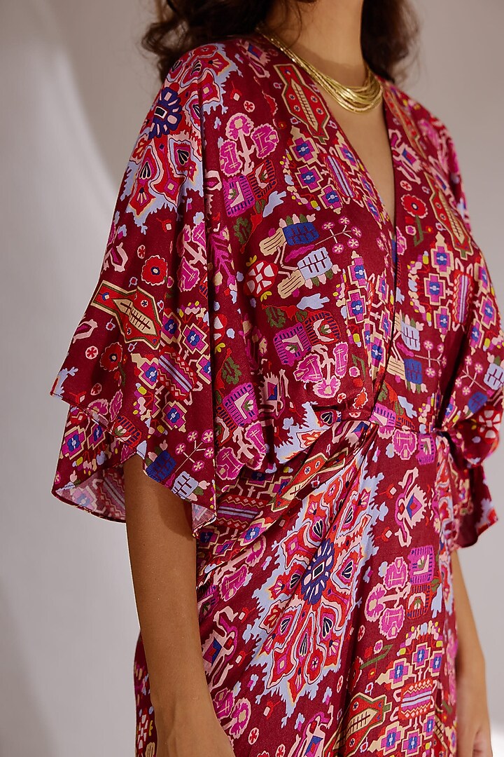 Red Handloom Cotton Silk Printed Draped Summer Dress by BETRUE at Pernia's Pop Up Shop