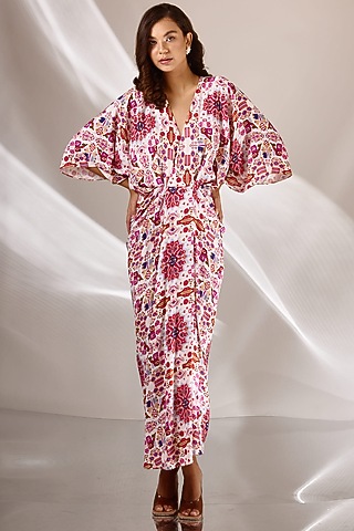 White Banana Silk Printed Draped Dress by BETRUE