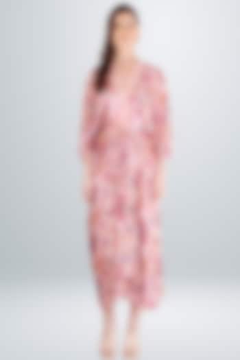 Pink Satin Silk Printed Draped Dress by BETRUE