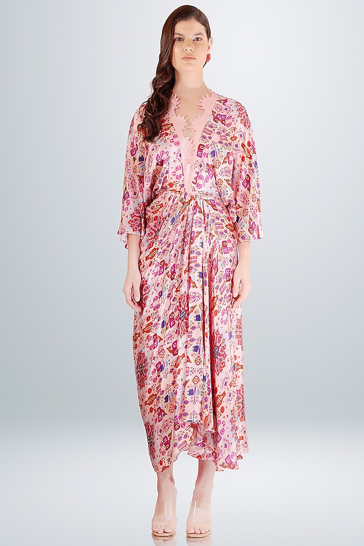 Pink Satin Silk Printed Draped Dress by BETRUE
