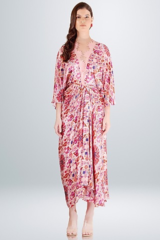 Pink Satin Silk Printed Draped Dress by BETRUE