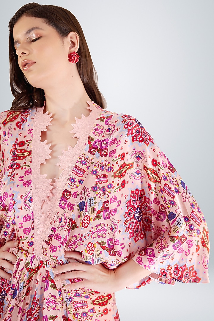 Pink Satin Silk Printed Draped Vacation Dress by BETRUE at Pernia's Pop Up Shop