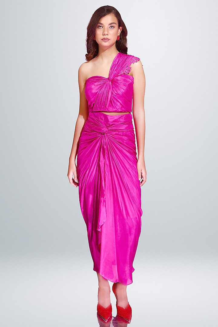 Rani Pink Silk Habutai Draped Skirt Set by BETRUE