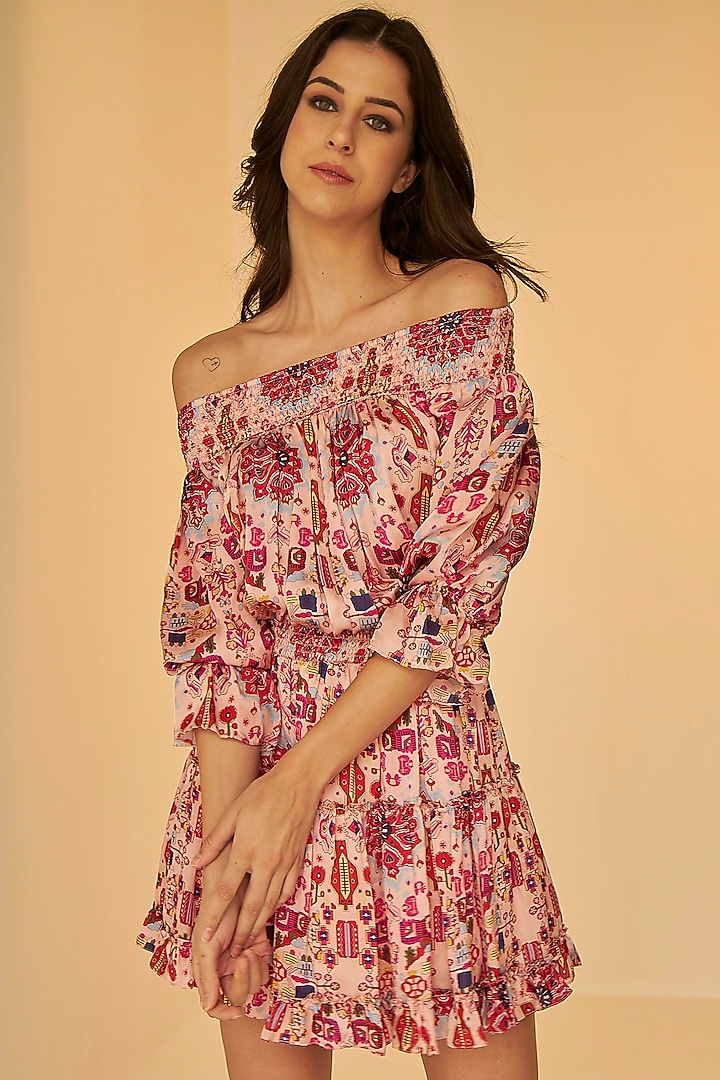 Pink Satin Silk Off-Shoulder Summer Dress by BETRUE at Pernia's Pop Up Shop
