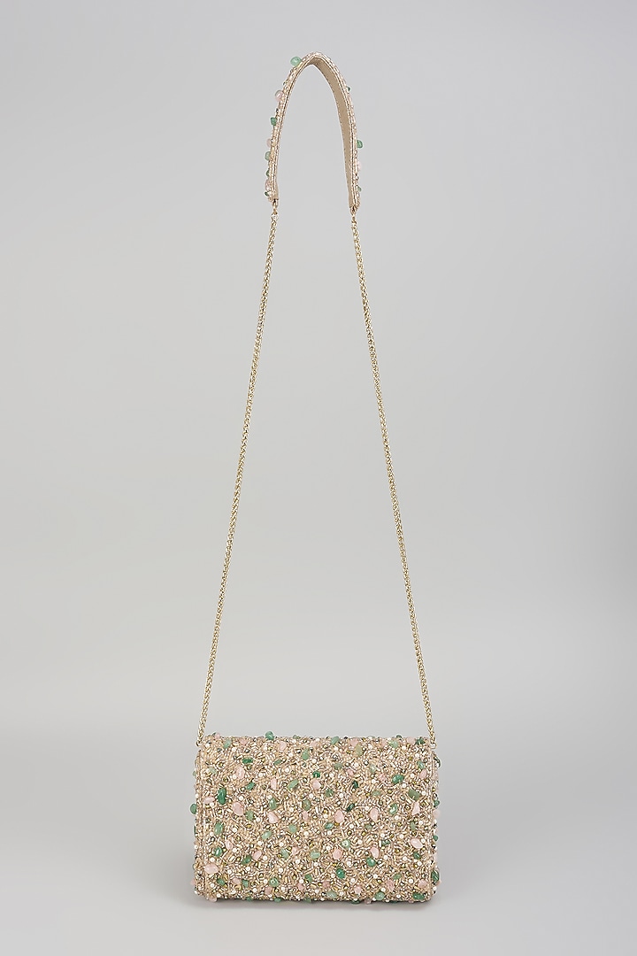 Green Vegan Leather Crystal Work Handcrafted Clutch by BEAU MONDE at Pernia's Pop Up Shop