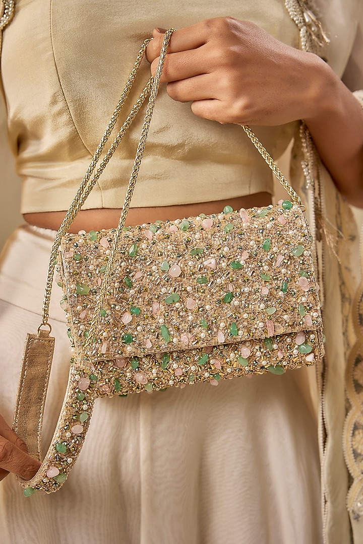 Green Vegan Leather Crystal Work Handcrafted Clutch by BEAU MONDE at Pernia's Pop Up Shop