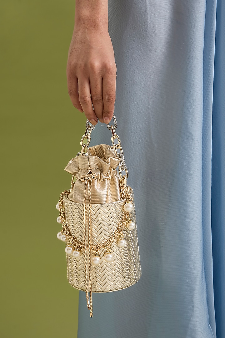 Gold Suede & Silk Potli by BEAU MONDE at Pernia's Pop Up Shop