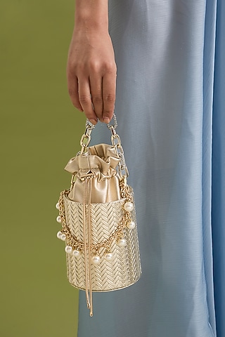 Gold Suede & Silk Potli by BEAU MONDE