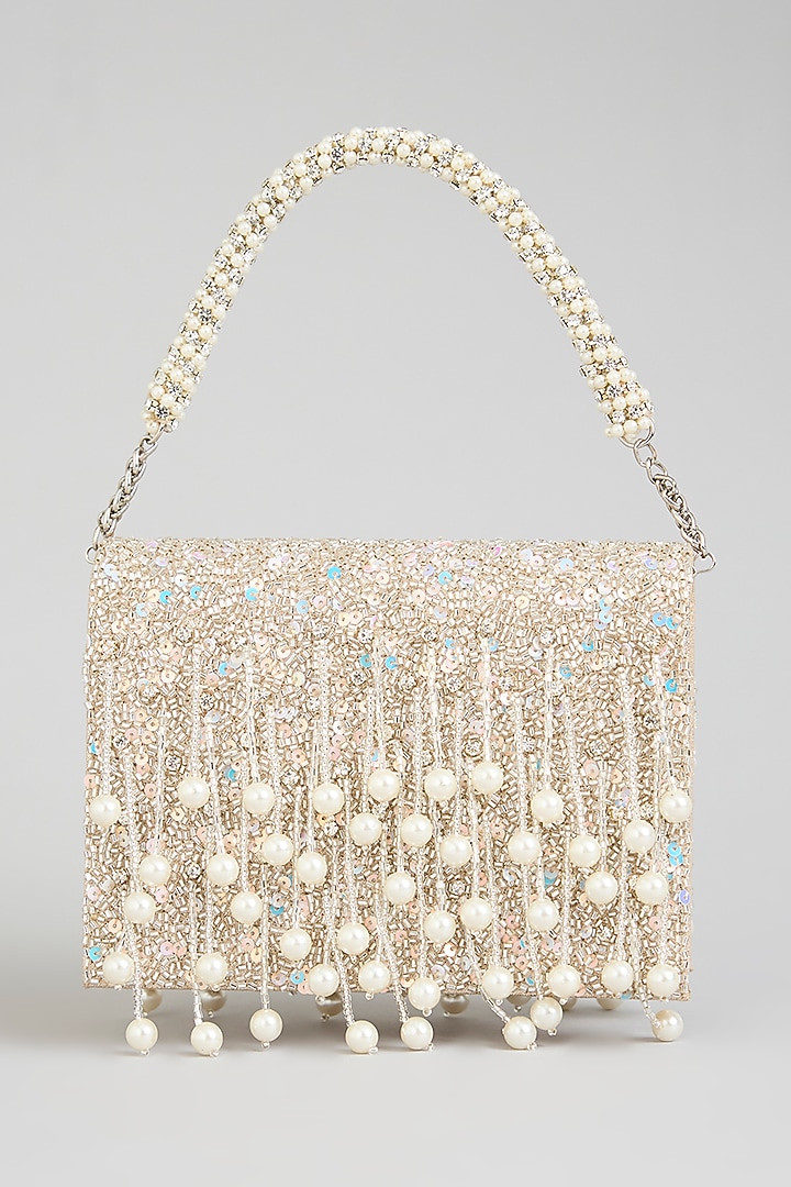 Silver Sunshine Sunshine Faux Leather Pearl Embellished Potli by BEAU MONDE at Pernia's Pop Up Shop