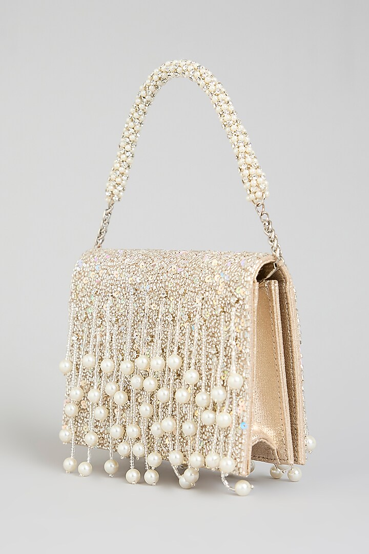 Silver Sunshine Sunshine Faux Leather Pearl Embellished Potli by BEAU MONDE at Pernia's Pop Up Shop