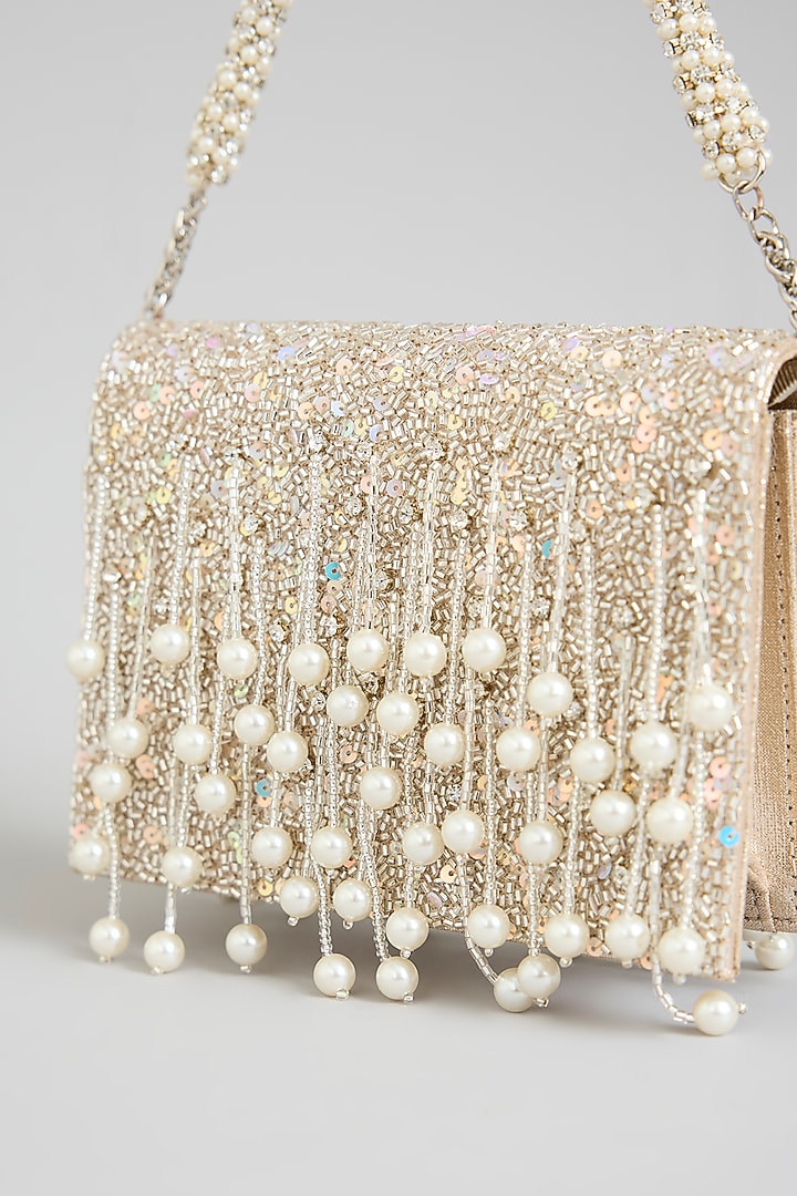 Silver Sunshine Sunshine Faux Leather Pearl Embellished Potli by BEAU MONDE at Pernia's Pop Up Shop