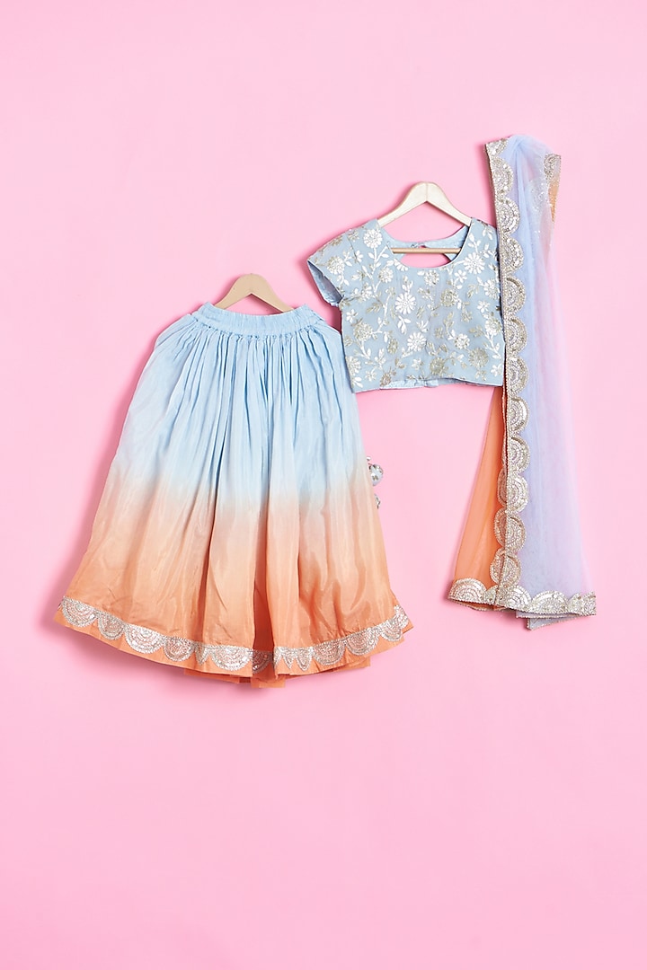 Orange & Light Blue Cotton Silk Lehenga Set For Girls by Be Bonnie at Pernia's Pop Up Shop