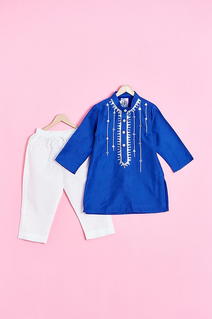 Blue Cotton Hand Embroidered Kurta Set For Boys by Be Bonnie