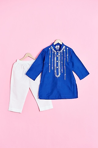 Blue Cotton Hand Embroidered Kurta Set For Boys by Be Bonnie