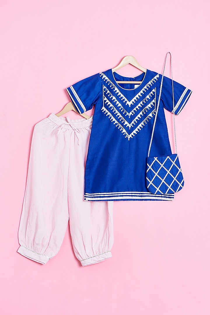 Blue Cotton Hand Embroidered Kurta Set For Girls by Be Bonnie
