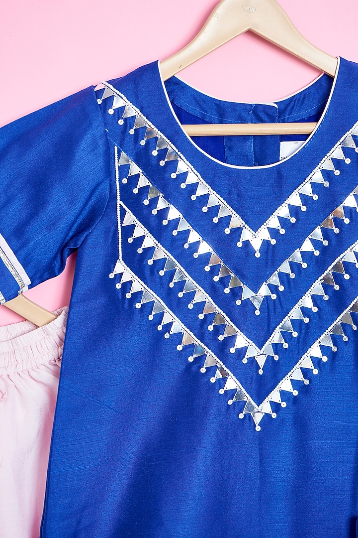 Blue Cotton Hand Embroidered Kurta Set For Girls by Be Bonnie at Pernia's Pop Up Shop