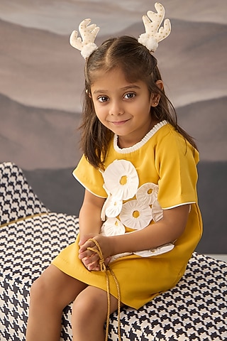 Yellow Banana Crepe Floral Patchwork Dress For Girls by Be Bonnie