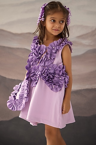 Purple Banana Crepe Pearl Embellished Frilled Dress For Girls by Be Bonnie