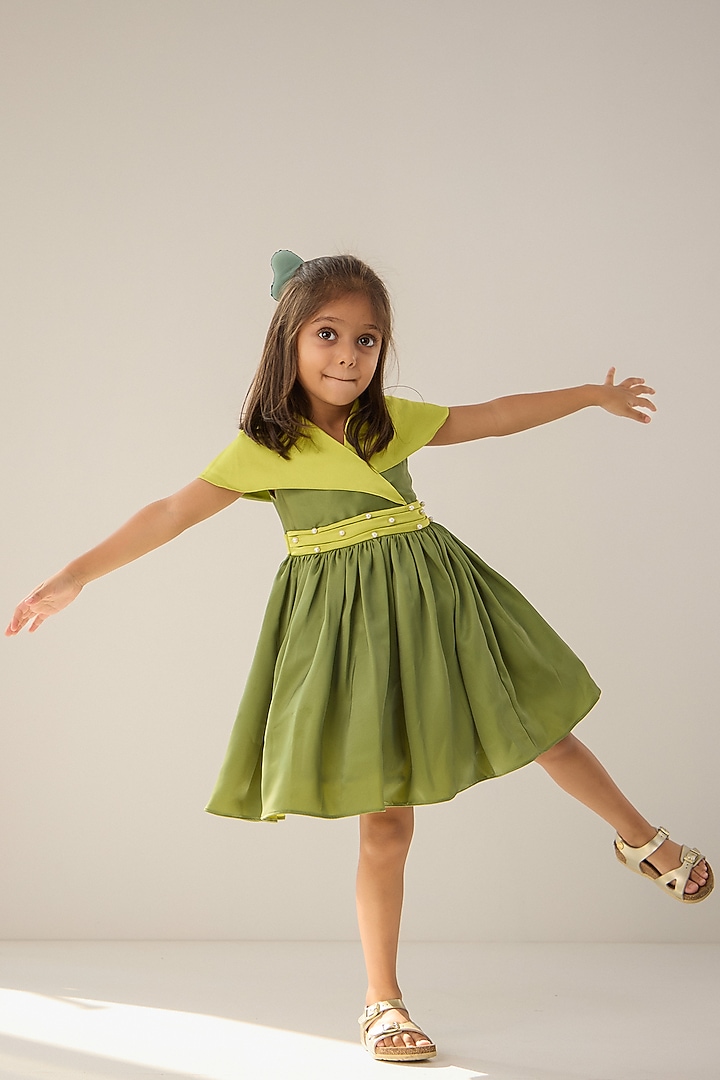 Green Imported Satin Pearl Embellished Flared Dress For Girls by Be Bonnie at Pernia's Pop Up Shop