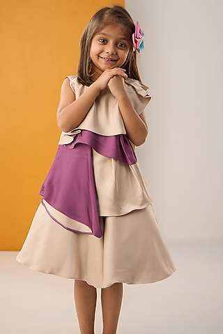 Ivory & Purple Imported Satin Draped Dress For Girls by Be Bonnie