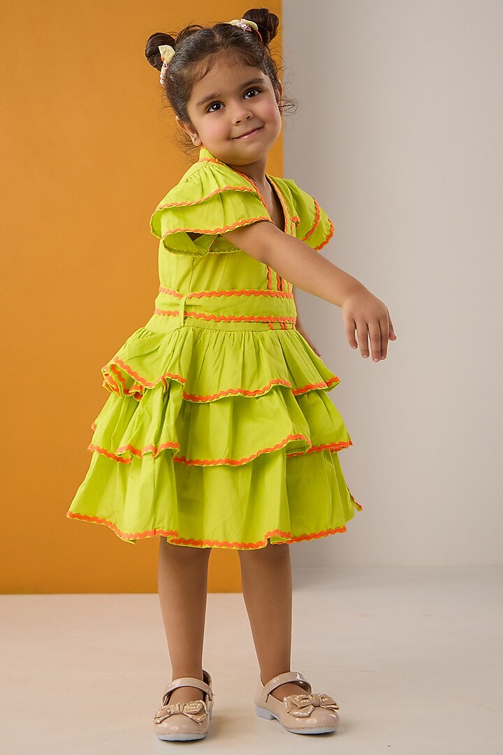 Neon Green Cotton Poplin Flared Dress For Girls by Be Bonnie at Pernia's Pop Up Shop