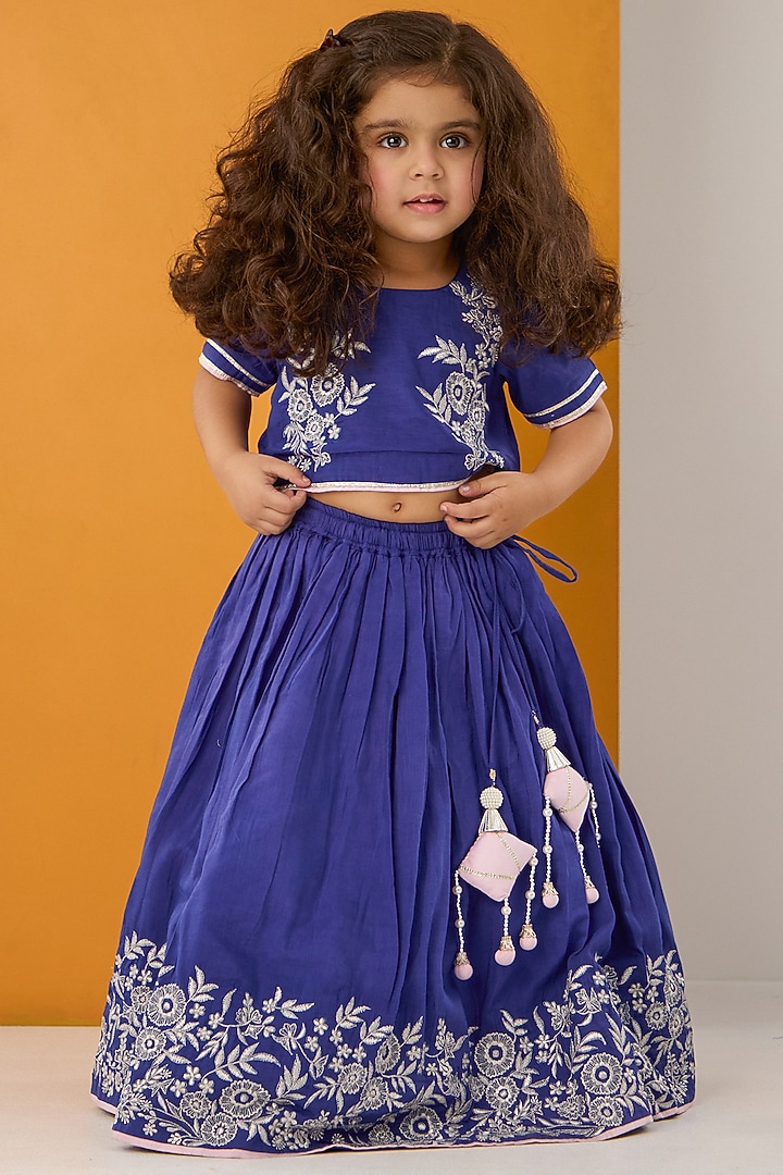Ink Blue Silk Embroidered Lehenga Set For Girls by Be Bonnie at Pernia's Pop Up Shop
