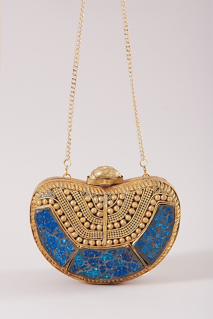 Gold & Blue Embellished Clutch by Be Chic