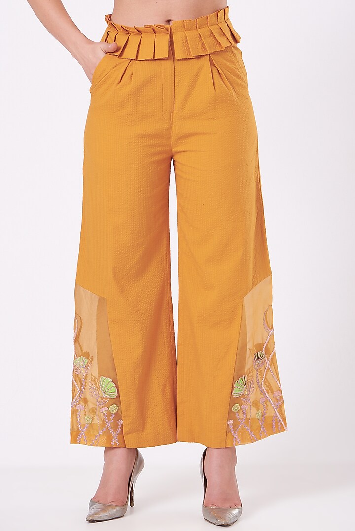Yellow Embroidered Flared Pants by Beejoliyo at Pernia's Pop Up Shop