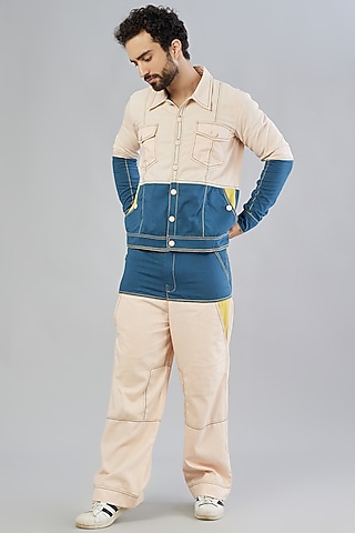 Deep Space Blue & Mustard Yellow Embroidered Jacket by Beejoliyo Men