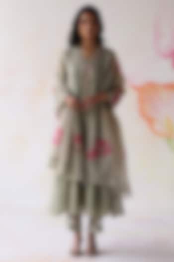 Olive Silk Chanderi Hand Embroidered A-Line Kurta Set by Begum Pret at Pernia's Pop Up Shop