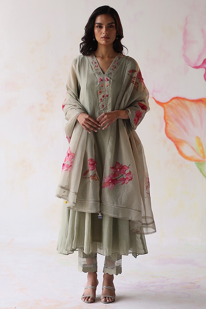 Olive Silk Chanderi Hand Embroidered A-Line Kurta Set by Begum Pret