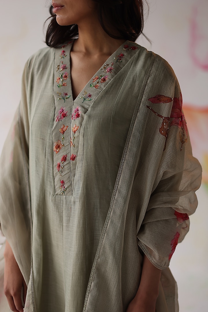 Olive Silk Chanderi Hand Embroidered A-Line Kurta Set by Begum Pret at Pernia's Pop Up Shop