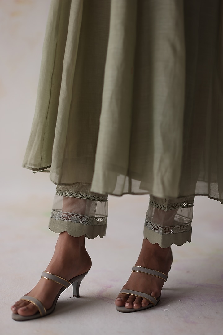 Olive Silk Chanderi Hand Embroidered A-Line Kurta Set by Begum Pret at Pernia's Pop Up Shop